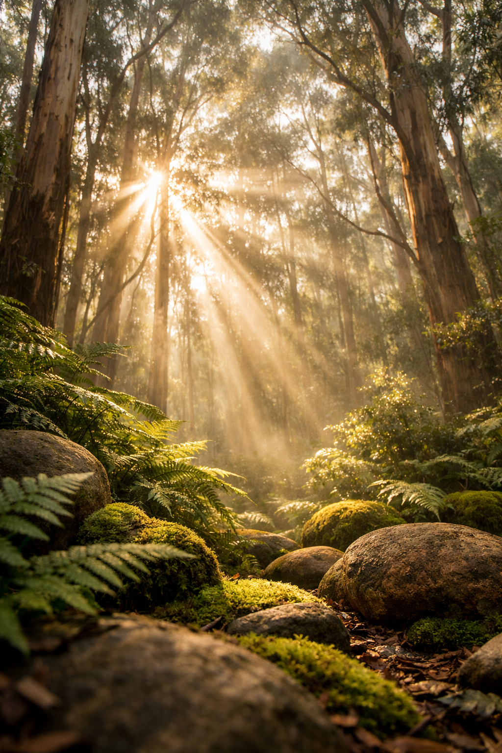 Lush forest with golden light rays filtering through the canopy