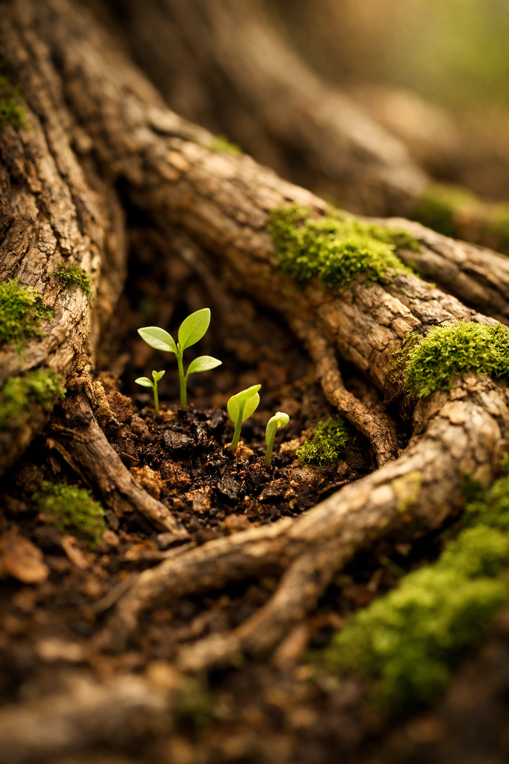 Tree roots with new growth shoots emerging, symbolising renewal and deep personal growth